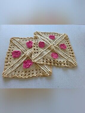 Vintage Cottagecore Handmade Crochet Throw Pillow Covers with 3D Pink Flowers